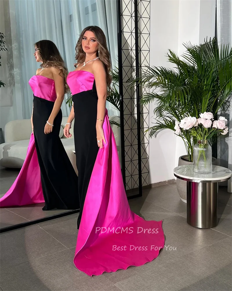 Charming Pink Satin Evening Party Dresses Customized Strapless Floor Length Simple Party Dress Arabic Women Formal Evening Gowns