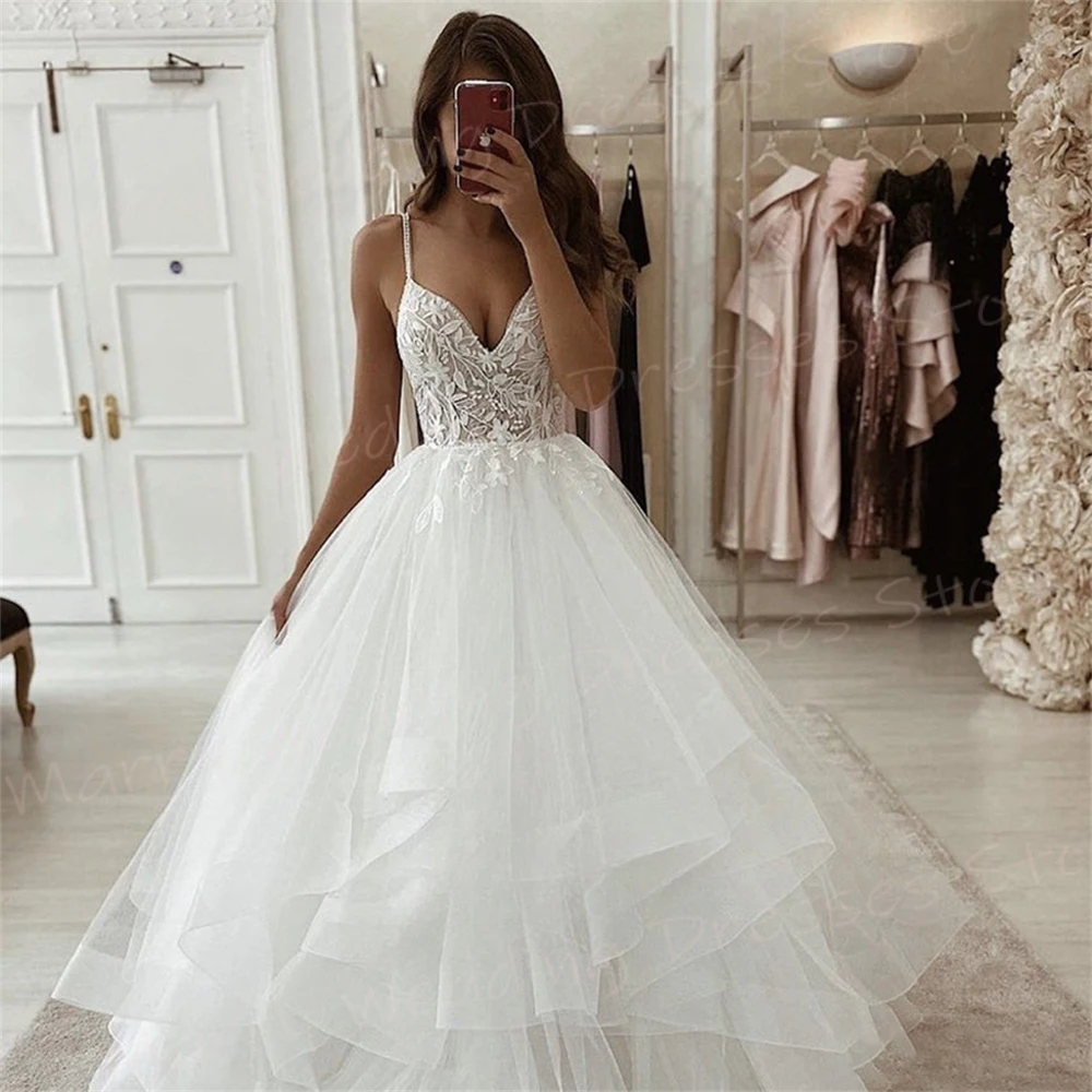 Vestidos De novia elegantes De una línea para mujer, hermosos vestidos De novia con Apliques De encaje, encantadores vestidos De novia con tirantes finos, sin mangas