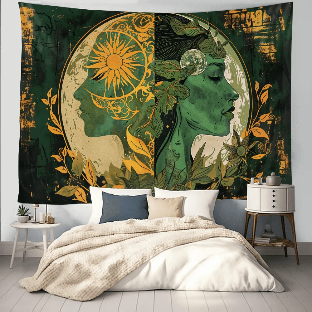 Sun and Moon Goddess Mandala Tapestry - Bohemian Style Wall Hanging, Mystical Tattoo-Inspired Home Decor, Polyester