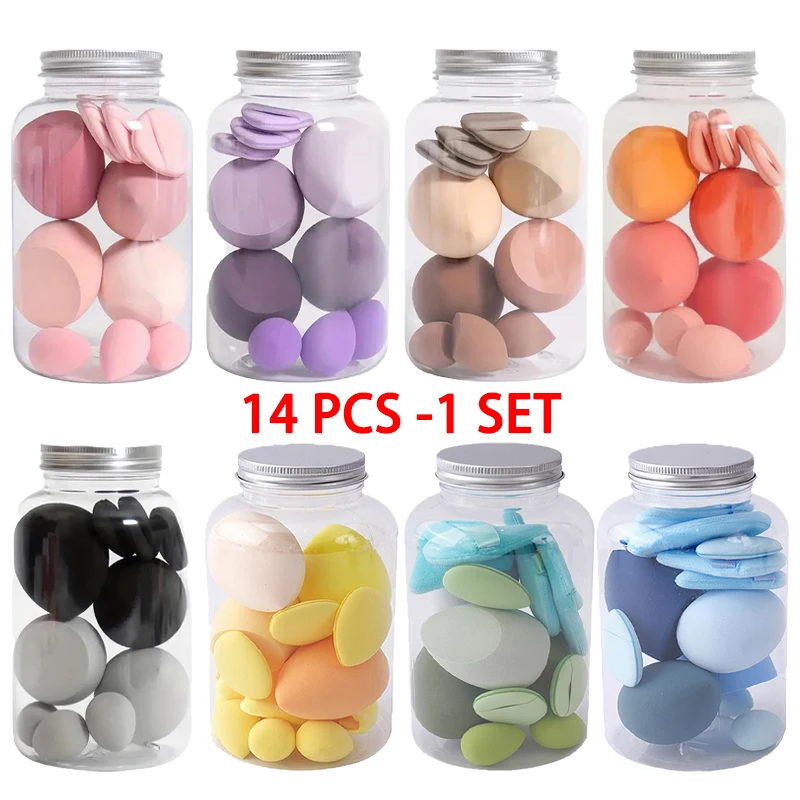 14pcs Drifting Bottle Beauty Egg Makeup Sponge Set 4 Loose Powder Puffs 3 Mini Air Cushion Puffs 4 Beauty Eggs and 3 Mini Beauty