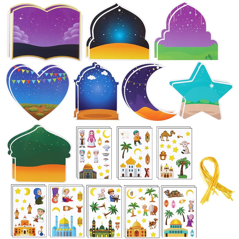 48Pcs Ramadan DIY Stickers Eid Mubarak Gift Label Hanging Ornaments Islamic Muslim Party Sealing Sticker For Home