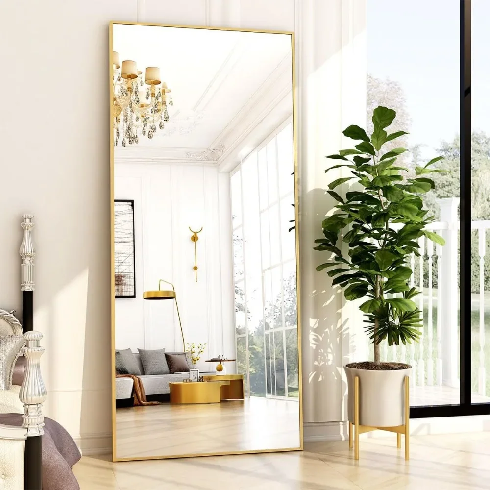 Full Length Spiegel Groot Opknoping Of Leaningspiegels Rechthoek Slaapkamer Vloerdressing Aluminium Dunne Frame (Goud)