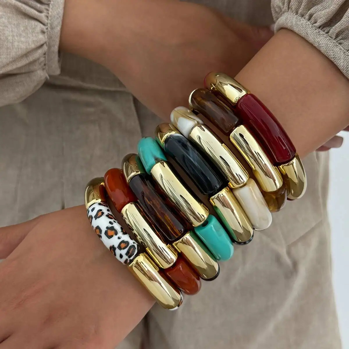 PuRui 8-Stil, trendiges, kreatives, stapelbares Rundrohr-elastisches Armband für Damen und Herren, Vintage-Armband aus Acrylharz, Paar-Schmuck, Geschenk