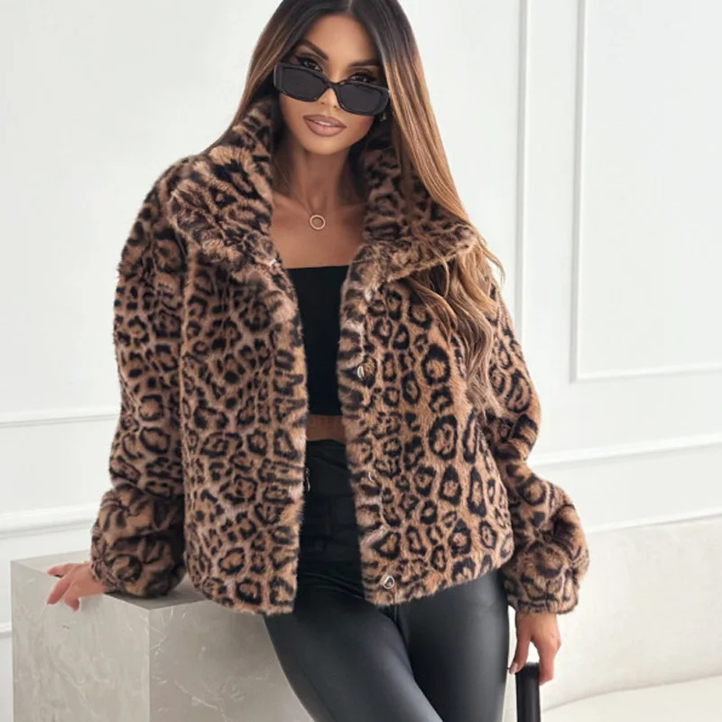 

2025 New Fashion Warm Short Coat Fashion Leopard Long Sleeve Women Overcoat Winter Streetwear Turn-down Collar Lady Tops 9268