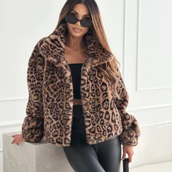 2025 New Fashion Warm Short Coat Fashion Leopard Long Sleeve Women Overcoat Winter Streetwear Turn-down Collar Lady Tops 9268
