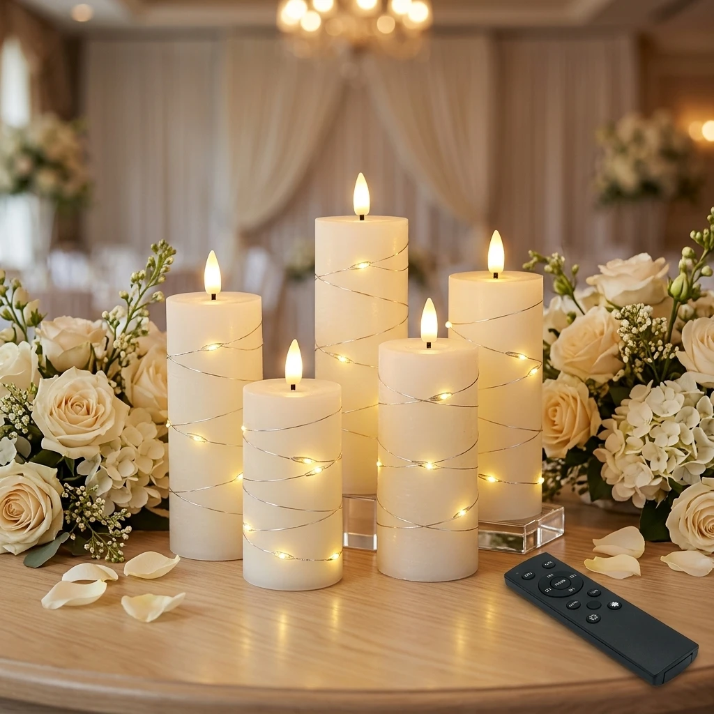 Romantische Hochzeits-LED-Kerzenlichter, 4er-Set mit warmweißer Lichterkette und Sternkappe für Tischdekorationen bei Dinnerpartys
