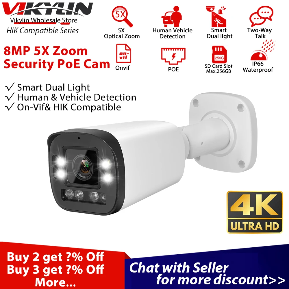 Vikylin 8MP 5X Zoom IR for Hikvision Compatible POE Smart Dual linght Human Vehicle Detect CCTV security protection IP Camera