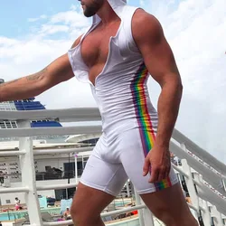 Herren Regenbogen Shaping atmungsaktive sexy Kapuzen strumpfhose 2024 neue eng anliegende schnell trocknende Persönlichkeit Home Sports Jumps uit Männer