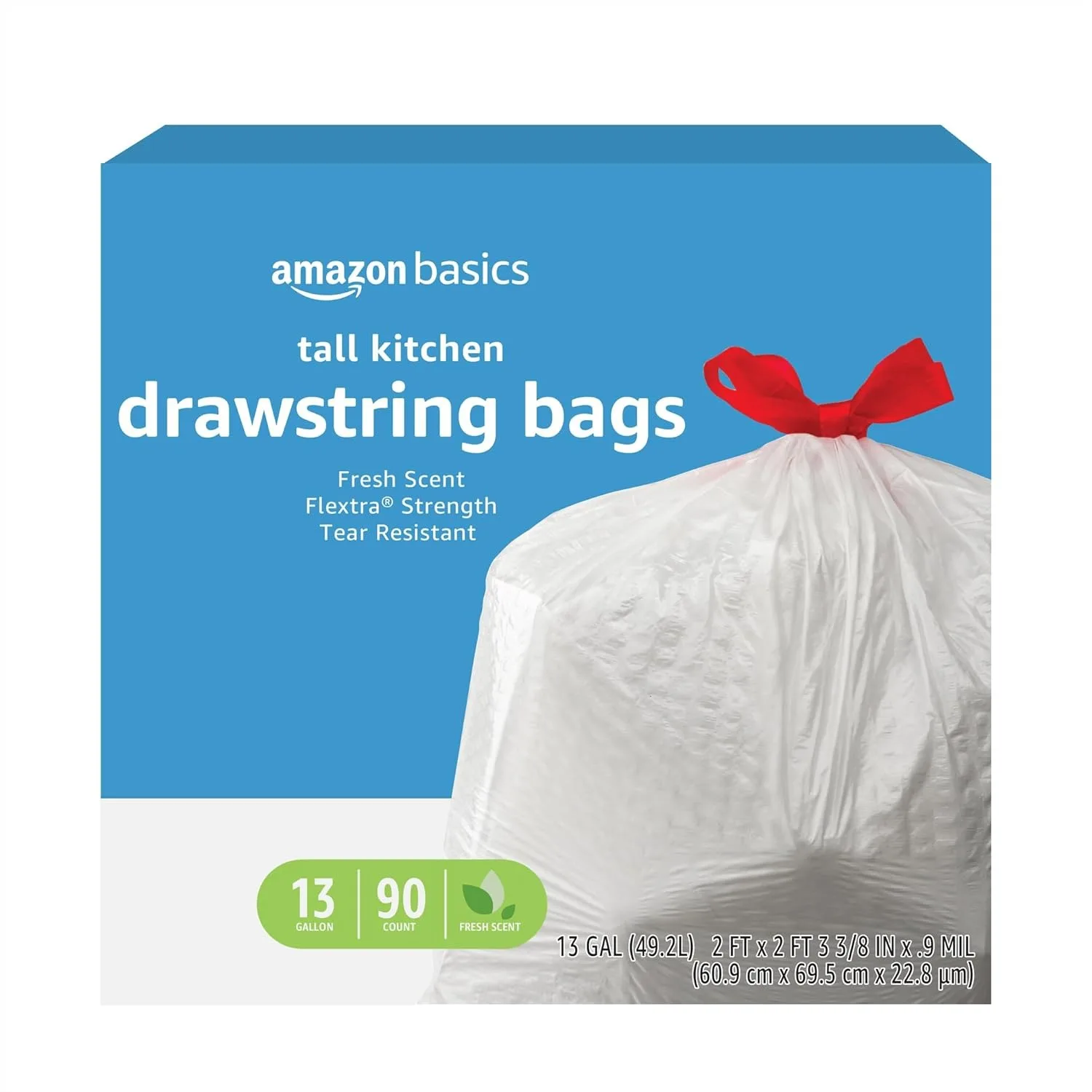 

Tall Kitchen Drawstring Trash Bags, 13 Gallon, Flextra Strength, Tear Resistant, Fresh Scent, 90 Count