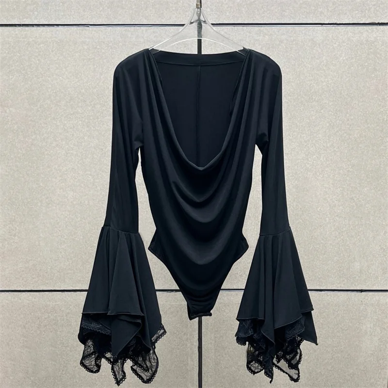 women's bodysuits New autumn 2026 flared sleeve slim fit women's long sleeved top Elastic V-neck pullover women's t-shirt tops