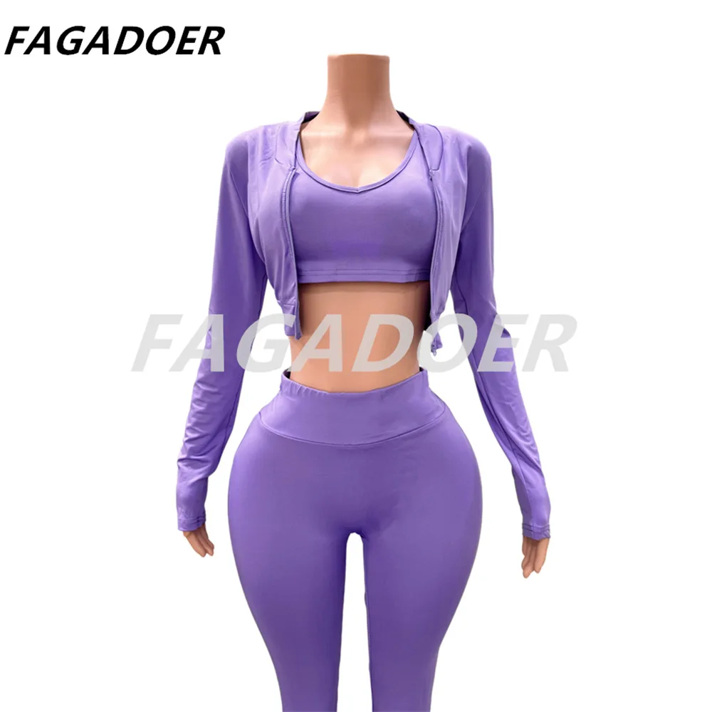 FAGADOER Fashion Solid Color Sporty Flare Pants Women Vest + Long Sleeve Crop Coats + Skinny Pants 3 Piece Sets Female Outfits