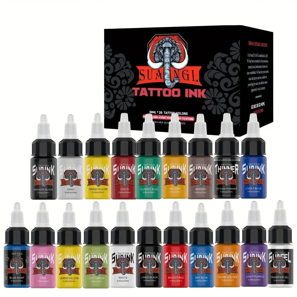 Set di inchiostri per tatuaggi da 20 colori - Bottiglie grandi da 20 ml (0,65 once), inchiostro professionale per body art per tutti gli stili di tatuaggi.