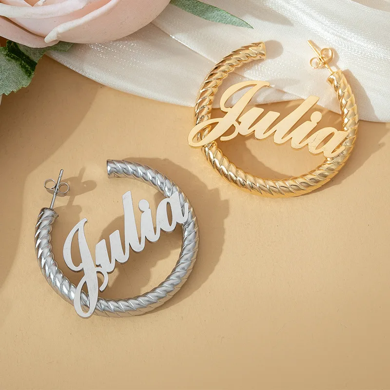 Lateefah 40MM Simple Thick Spiral Earrings Personalized Customization Name Stainless Steel PVD Plated Round Earrings