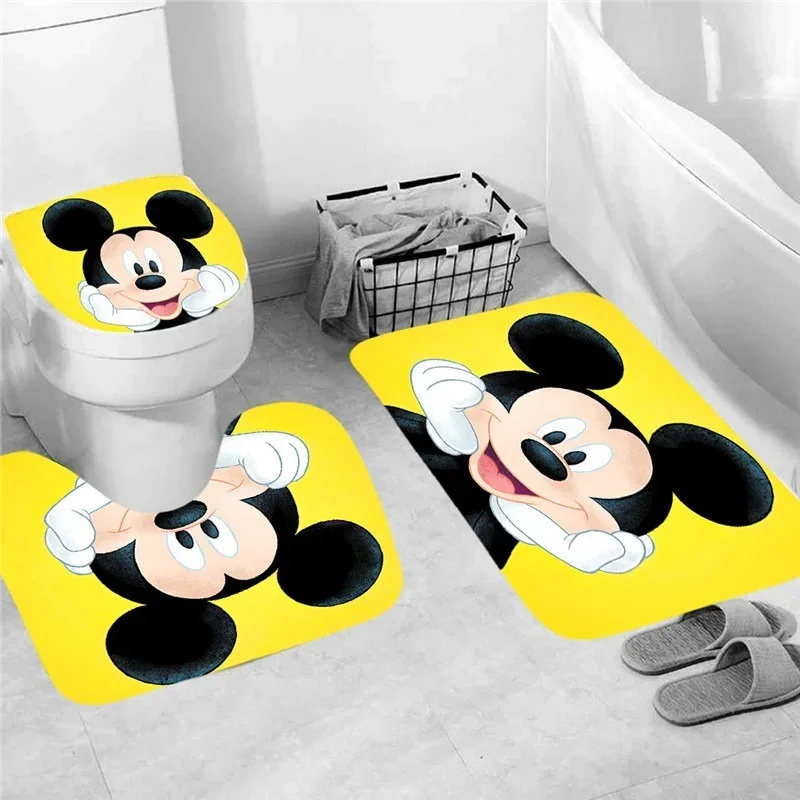 Disney Mickey Mouse Print Shower Curtain Carpet Black and White Toilet Cover Bath Mat Rug Pad Set Bathroom Curtain Hooks