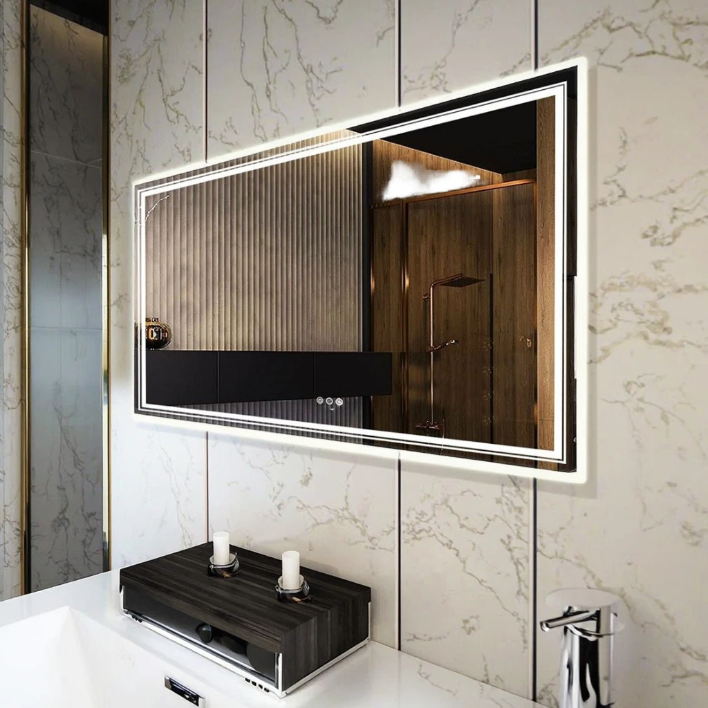 

Прямоугольное светодиодное зеркало для ванной комнаты с умным дисплеем - противотуманное косметическое зеркало с подсветкой, настенное для современной ванной комнаты