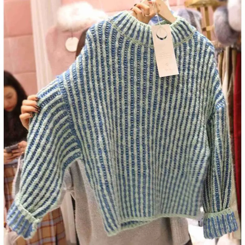 

Striped Sweater Women Elegant Fashion Hollow Out Pullover Winter Vintage Casual Long Sleeve Knitwear Female O-neck Jumper Q46