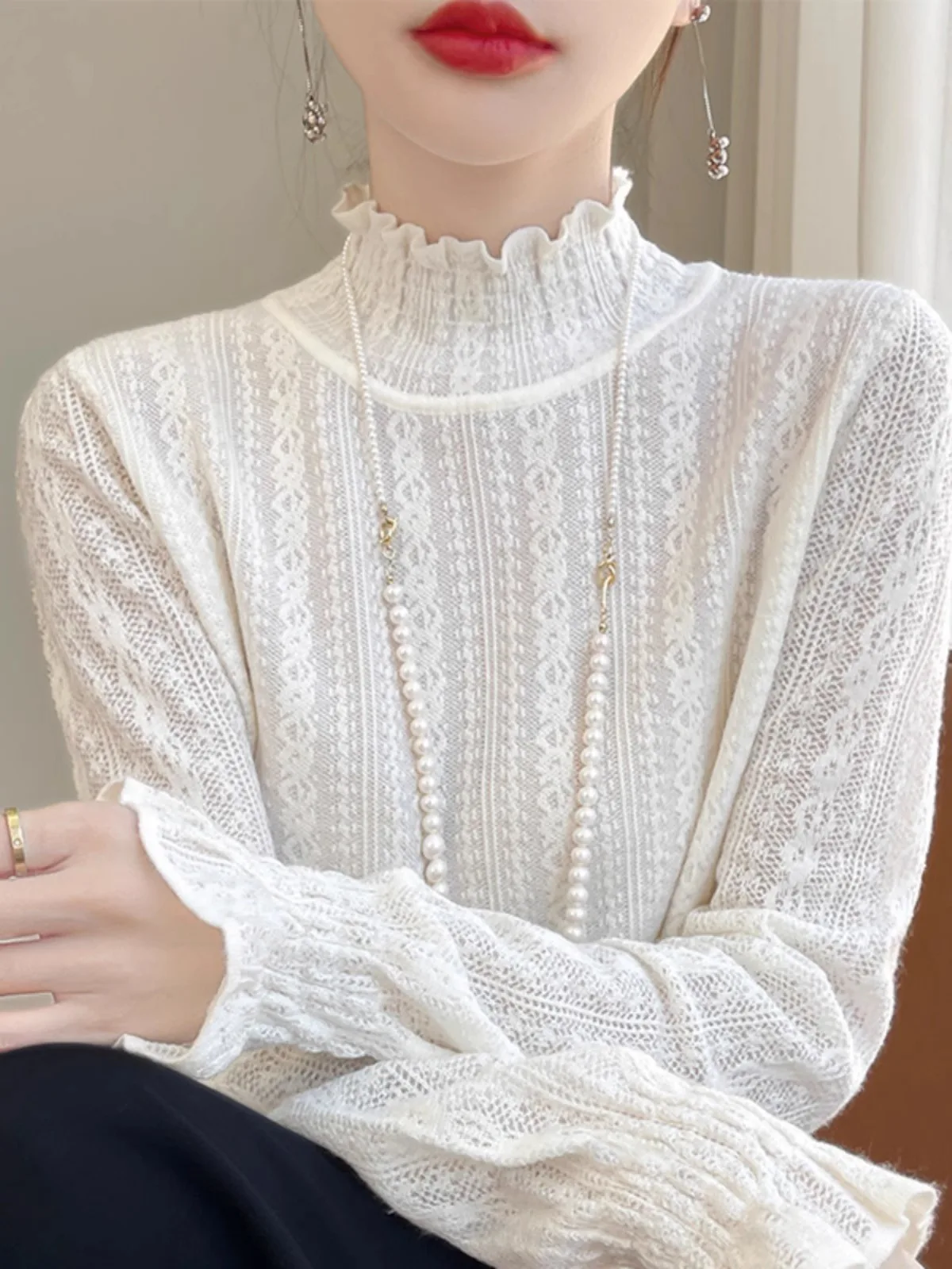 Ele Lace Base irt dames zoete dunne lange Sve f hoge kraag lange Sve top zacht ontwerp sensatie kleine fraan...