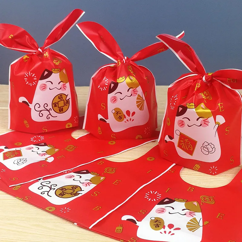 

AQ Festive Red Frosted Lucky Cat Doll Decor 3in1 Party Gift Candy Cookies Large Knot Bag Golden Copper Coins Falling Dessert Bag