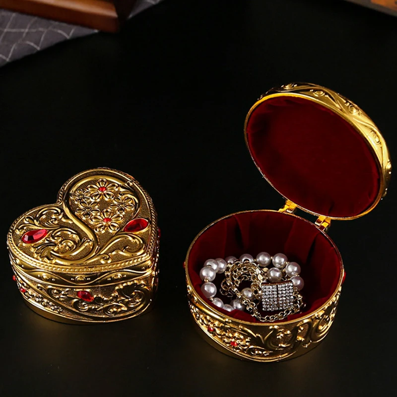 Vintage Heart Shape Jewelry Box Classic Golden Jewelry Storage Organizer Chest Earrings Treasure Organizer Gift Box for Women
