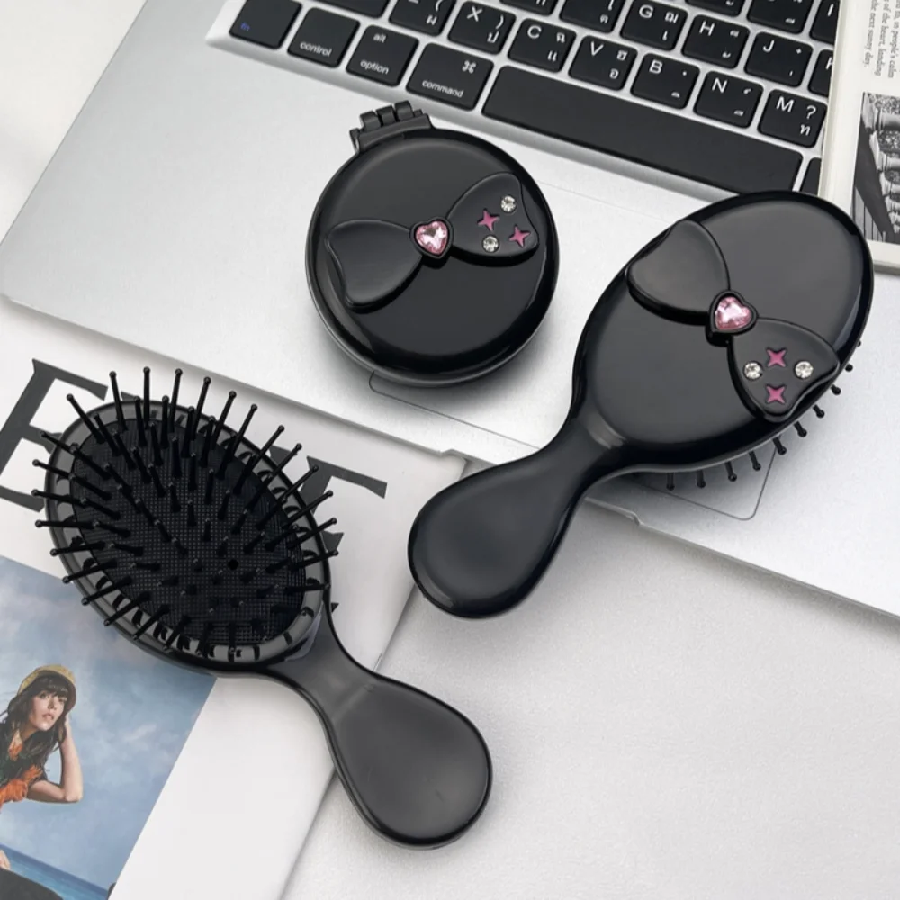 Y2k Black Bow 2 in 1 Comb Mirror Set Pocket Mirror Mini Air Bag Hair Comb Girl Heart Makeup Mirror Foldable Hair Brush