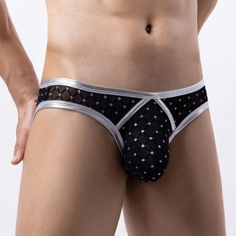 

1pc Sexy Briefs Mens Underwear U Convex Pouch Transparent Mesh Plaid Low Waist Breathable Lingerie Panties