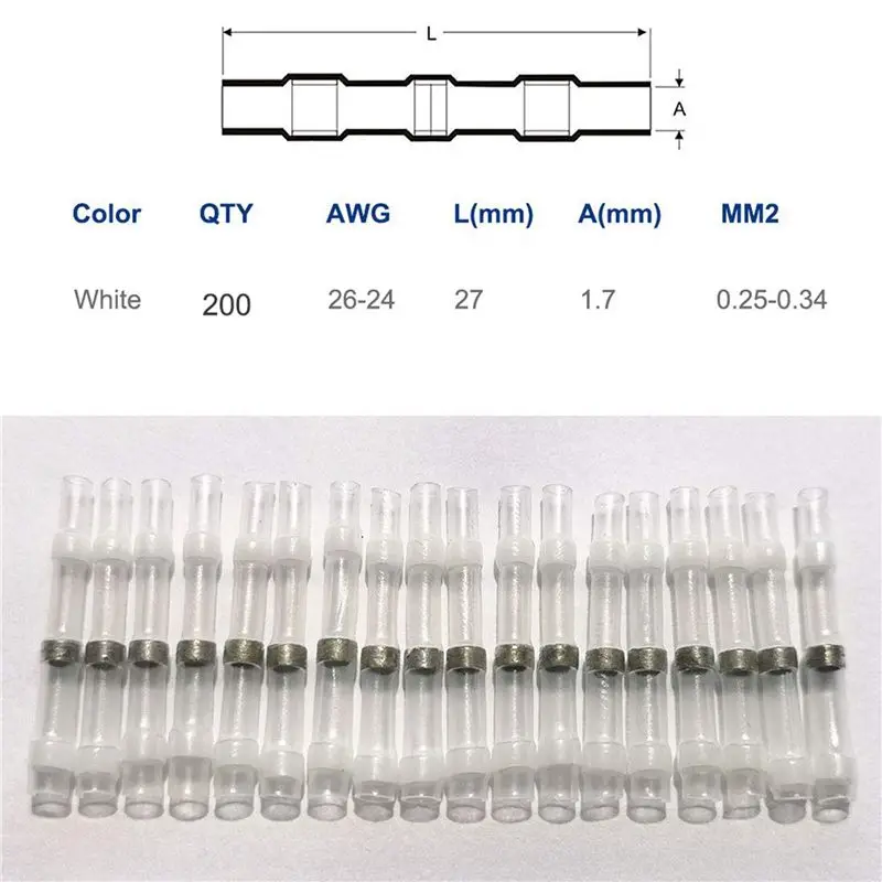 AU28-600PCS 26-24 AWG White Solder Seal Wire Connectors , Heat Shrink Butt Connectors, Waterproof And Insulated Wire Terminal