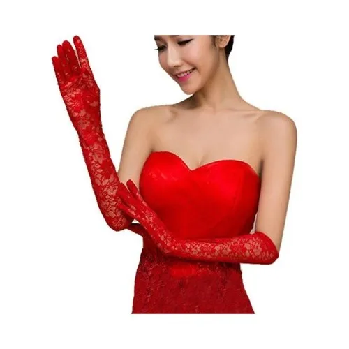 Fonnava Red Color Long Ruched Gloves