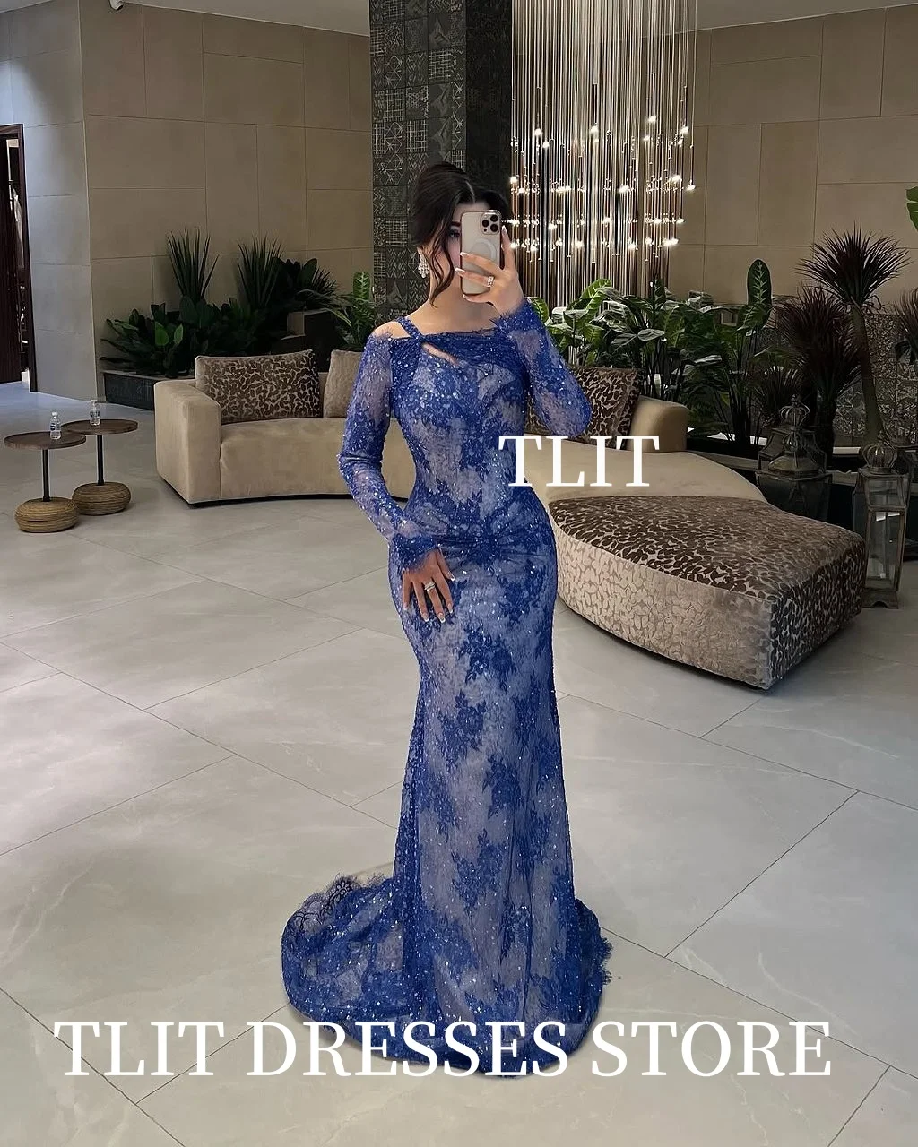 TLIT Sexy blaue Spitze-Meerjungfrau-Abendkleider mit langen Spitzenärmeln, kleiner Sweep-Zug, Ballkleider, maßgeschneidert, glitzernd