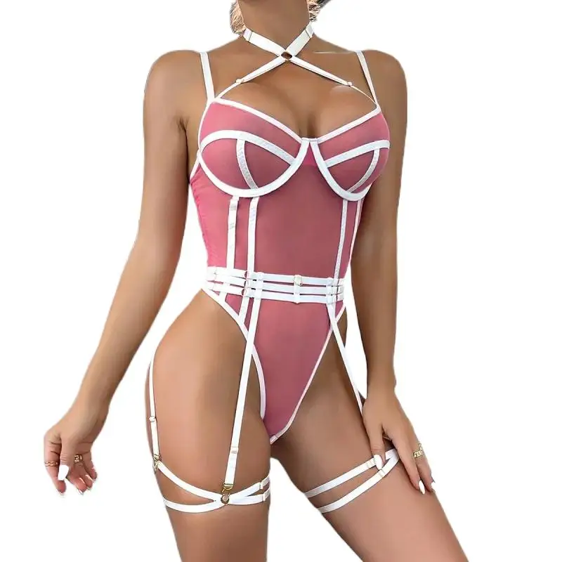 

Bikini Fashion High Elastic Mesh Tight See-through Sexy Lingerie Halter Contrast Color Jumpsuit Complex Two-Piece Suit