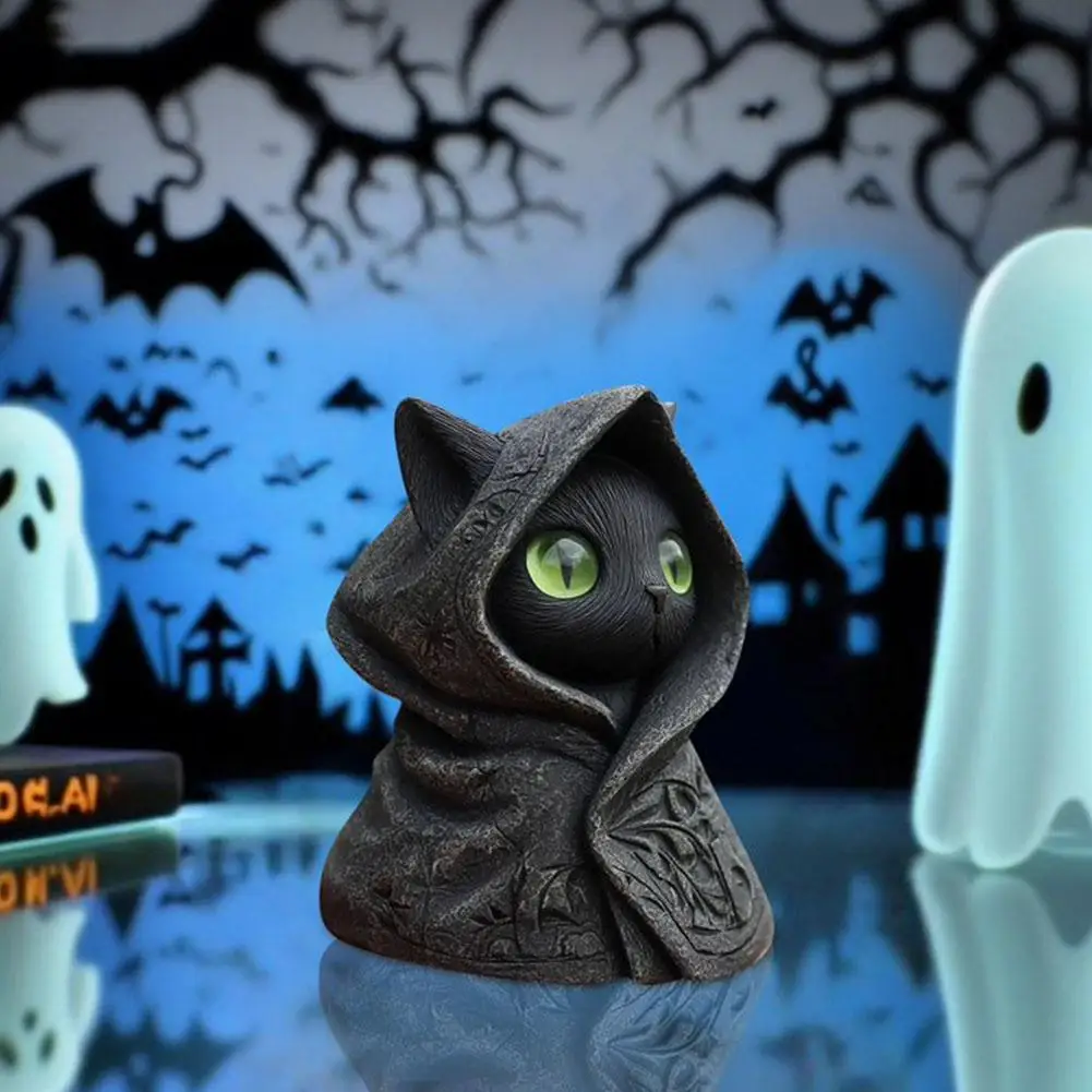 زينة الهالوين تمثال قطة أسود غامض بقلنسوة من الراتنج القوطي تمثال قطة سوداء منحوتة على شكل وحش هريرة هدية عيد #3