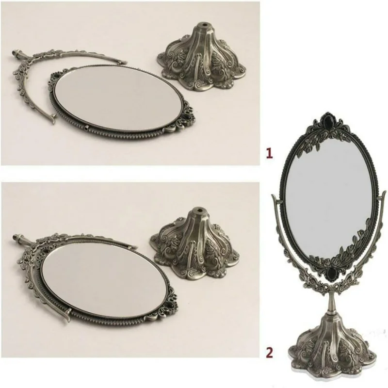Specchio per trucco bifacciale vintage piccolo in bronzo: specchio da tavolo essenziale in lega di metallo chic di alta qualità con elegante 360 D