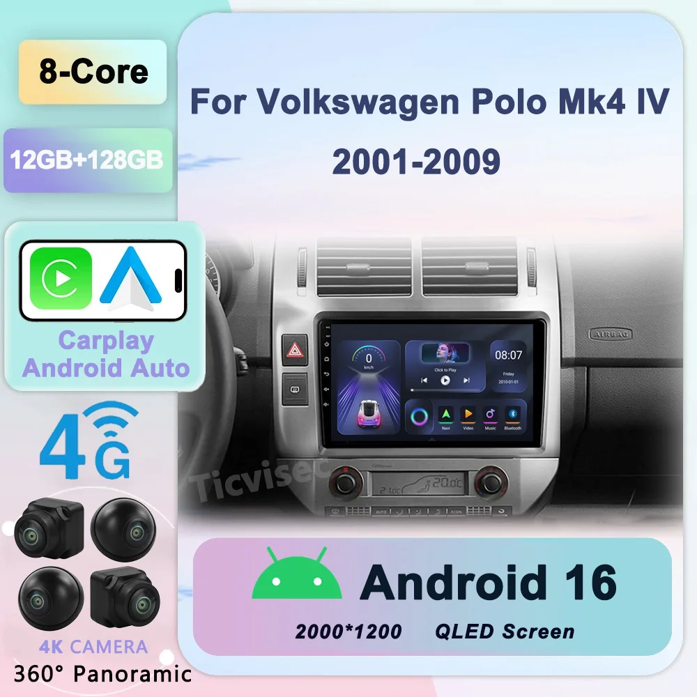 

Android 16 Carplay radio For Volkswagen Polo Mk4 IV 2001-2009 Car stereo Multimedia Player android Auto GPS navigation 2DIN DSP