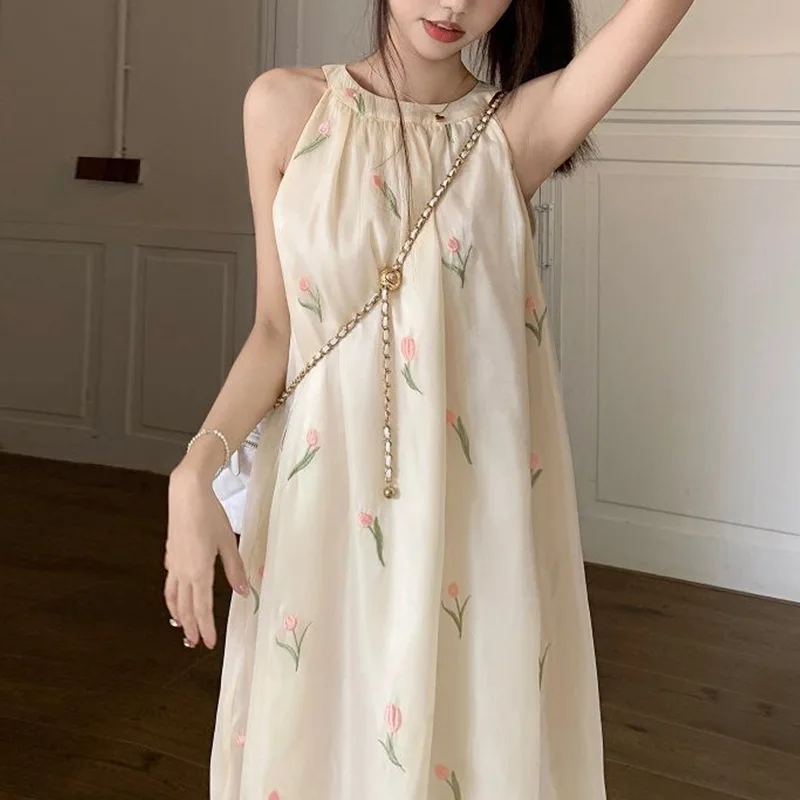 

Fresh And Sweet Flower Print Halter Neck Dress Women Gentle Style Design Sense Loose Sleeveless Long Dresses Fairy Elegant New