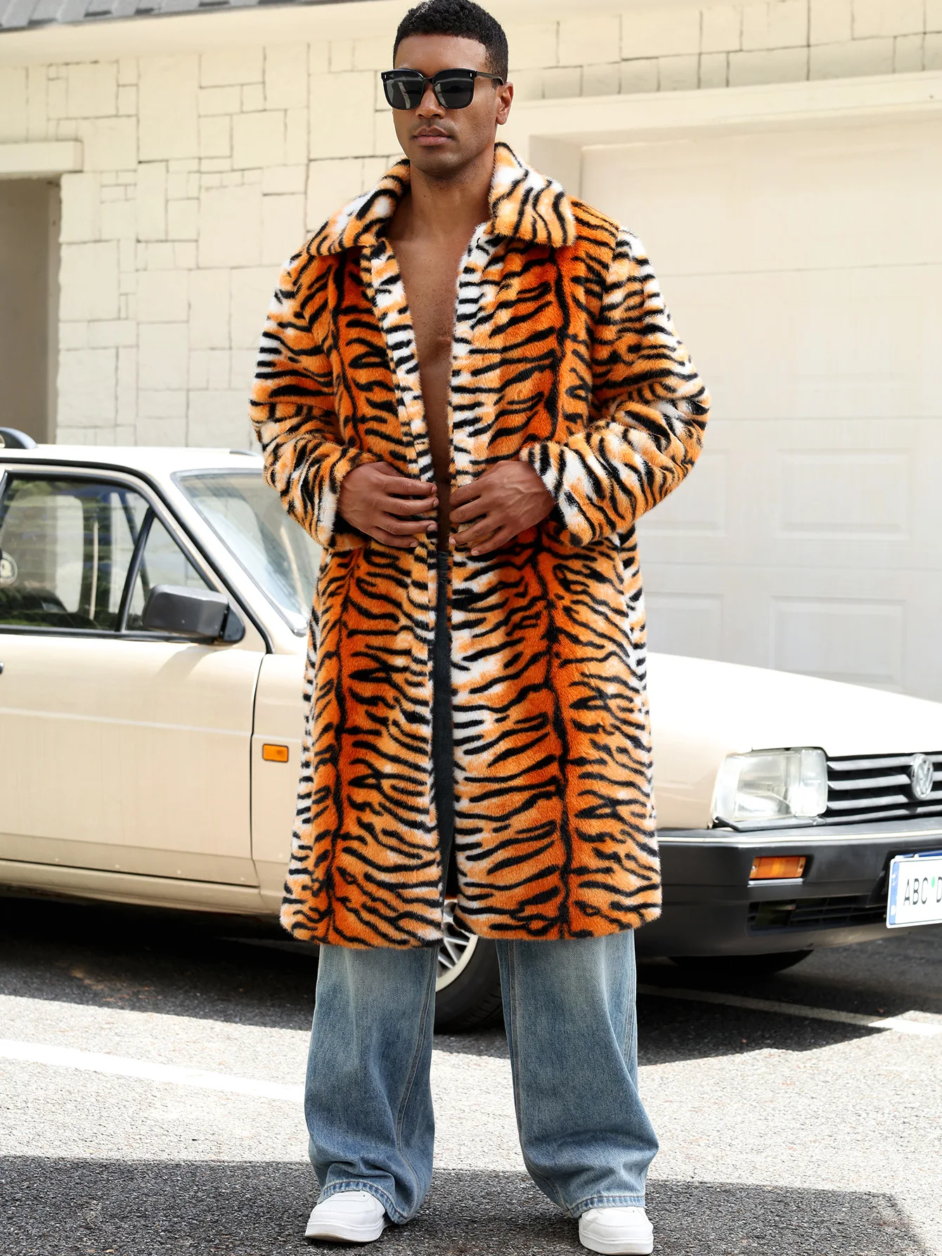 Men's Tiger Patterned Faux Fur Lapel Coat Autumn Winter Warm Fashion Outerwear