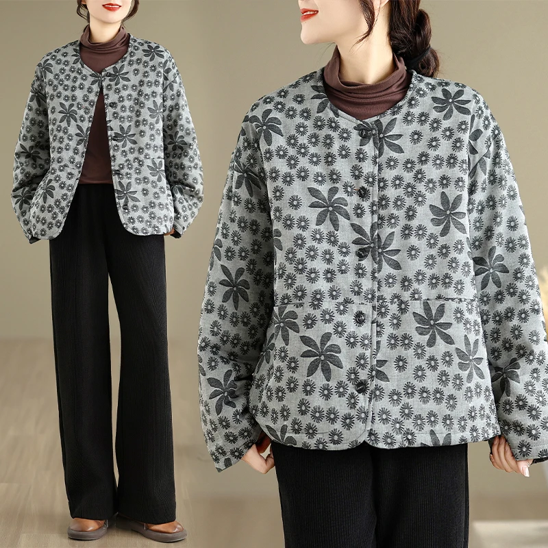 

plus Size Floral Cotton Jaet Women's Winter Casual Warm Filled Coat round Ne Dr Qing a Po Cotton Clothing