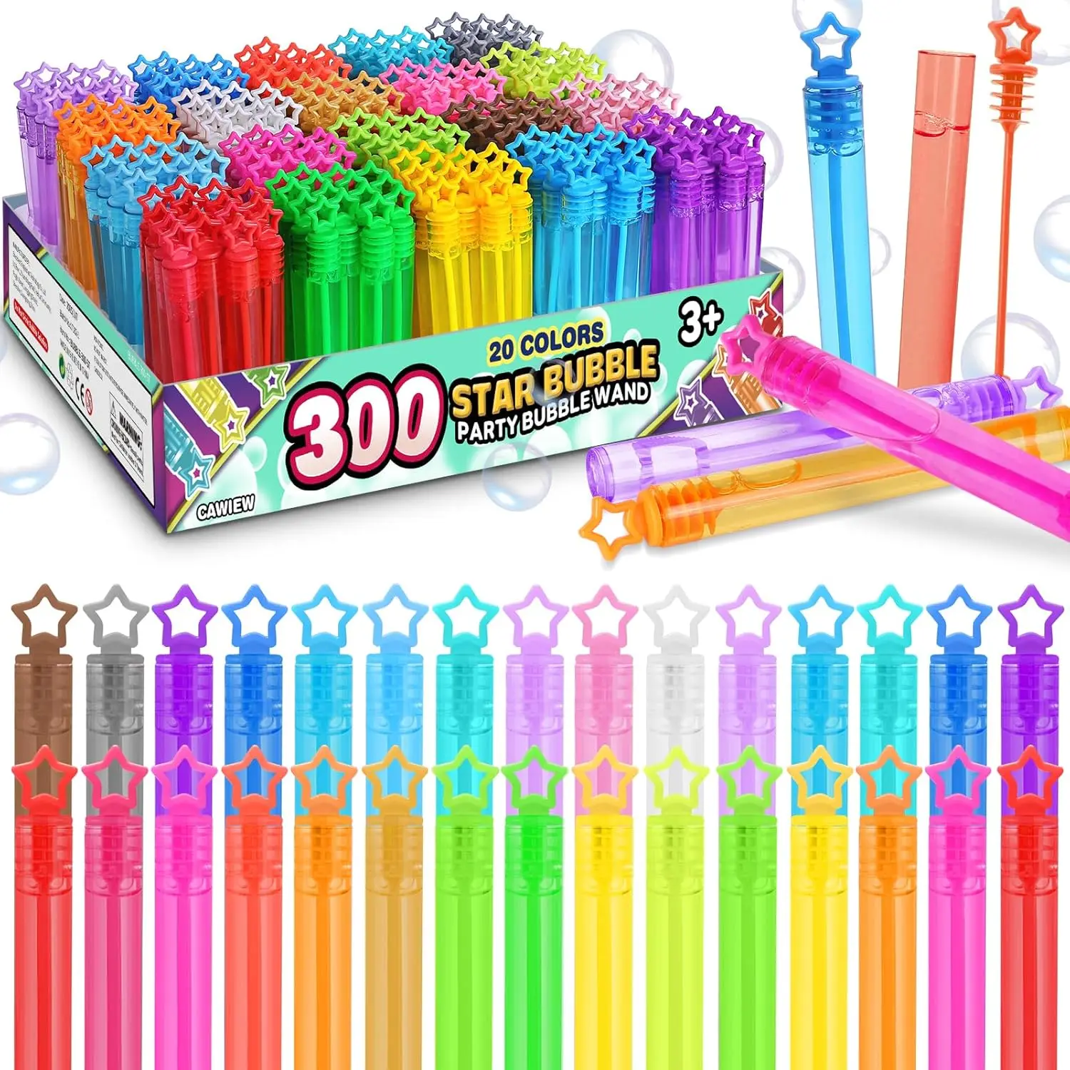 

300 Neon Bubbles in Gift Box, 20 Colors Mini Star Wand for Kids Birthday Party Favors and Classroom Giveaways