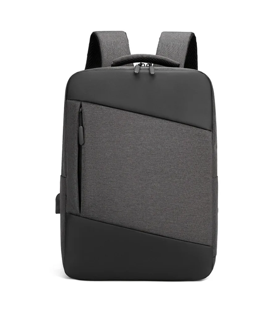Dark gray geometric split backpack with top and bottom black leather patch anti splash neat square silhouette for formal work