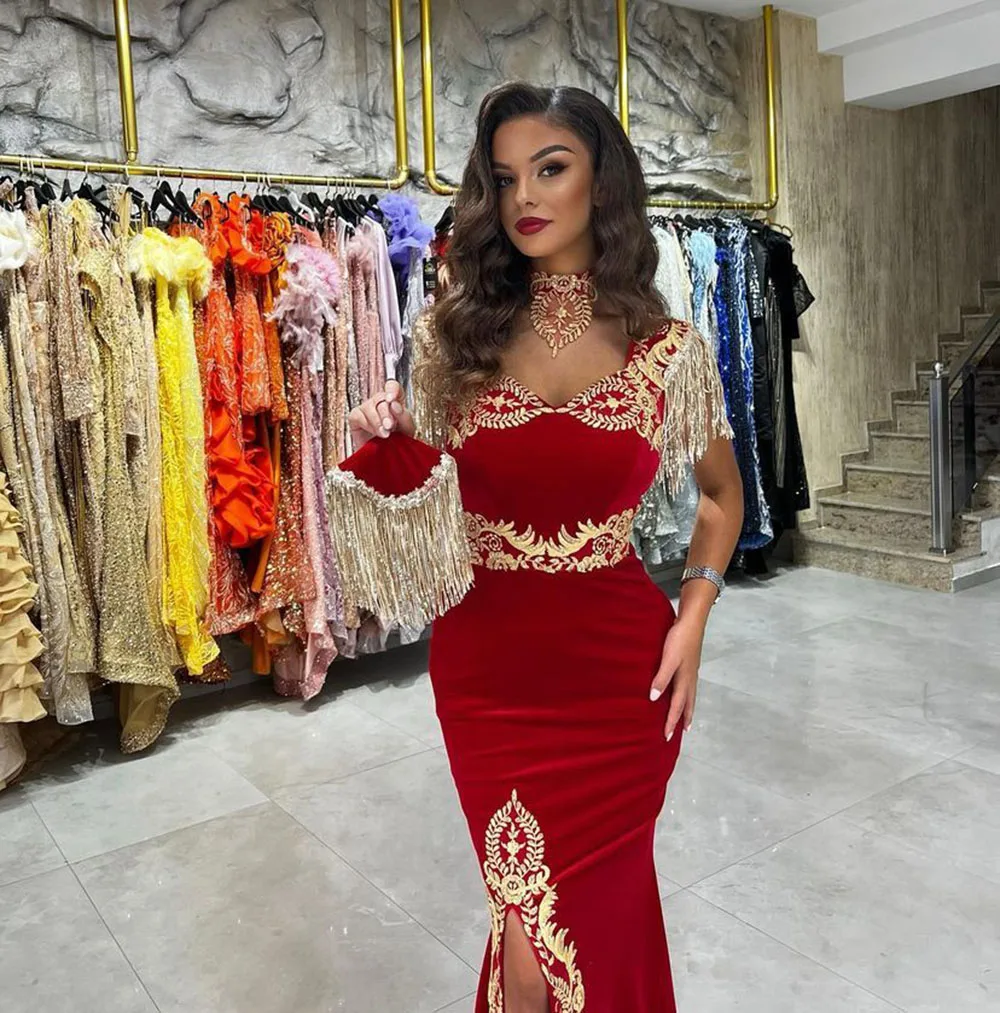 Msikoods abito da sera a sirena con maniche ad aletta Appliques dorate caftano diviso Marocain Robe De Reveillon abiti da ballo da donna in velluto