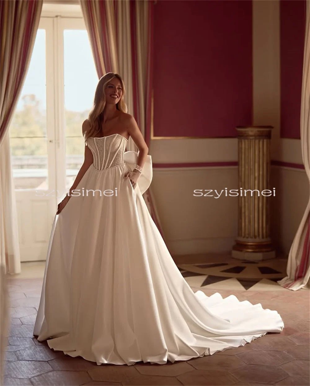 Einfaches A-Linien-Hochzeitskleid für Frauen, trägerloses Oberteil, Spitze, individuelles Rückenkorsett, Hochzeitskleid, luxuriöse Abendkleider für die Braut