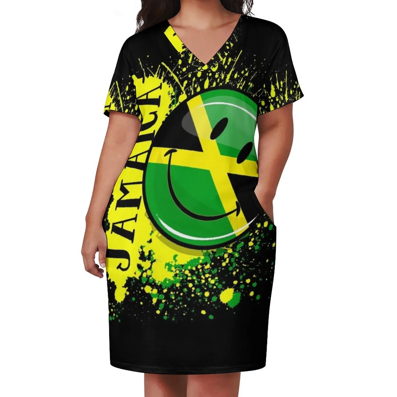 A Splash of Jamaica Smiling Jamaican Flag Loose Pocket Dress Dress woman wedding dresses for parties