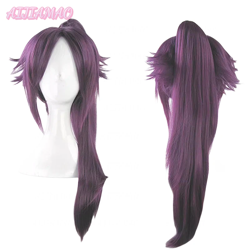 Shihuin yoruichi วิกผมหางม้ายาวสีม่วงทนความร้อนวิกผมปลอมวิกผมฮาโลวีน + ตาข่ายคลุมผมสำหรับใส่วิก