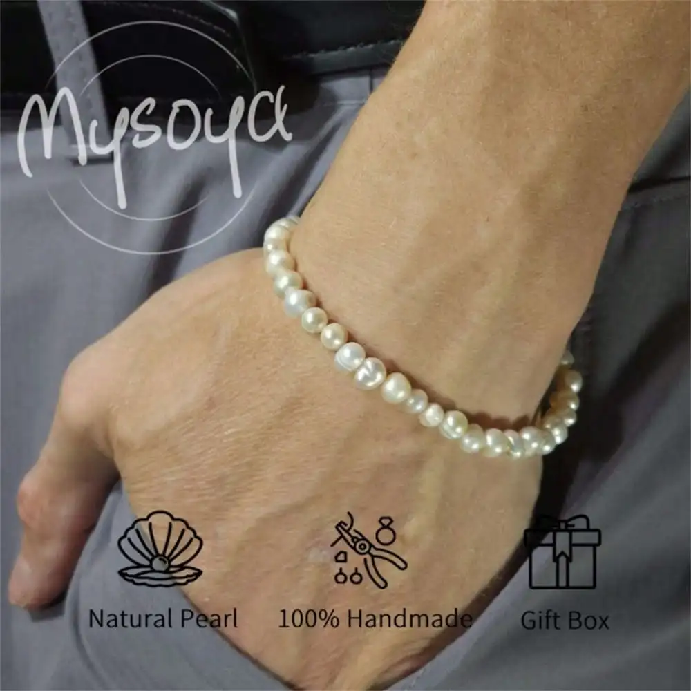 

MYSOYA White Freshwater Pearl Bracelet 5-6mm Pearls Gift Box Gift for Her/Him Wedding Jewelry Christmas Birthday New Year Gift