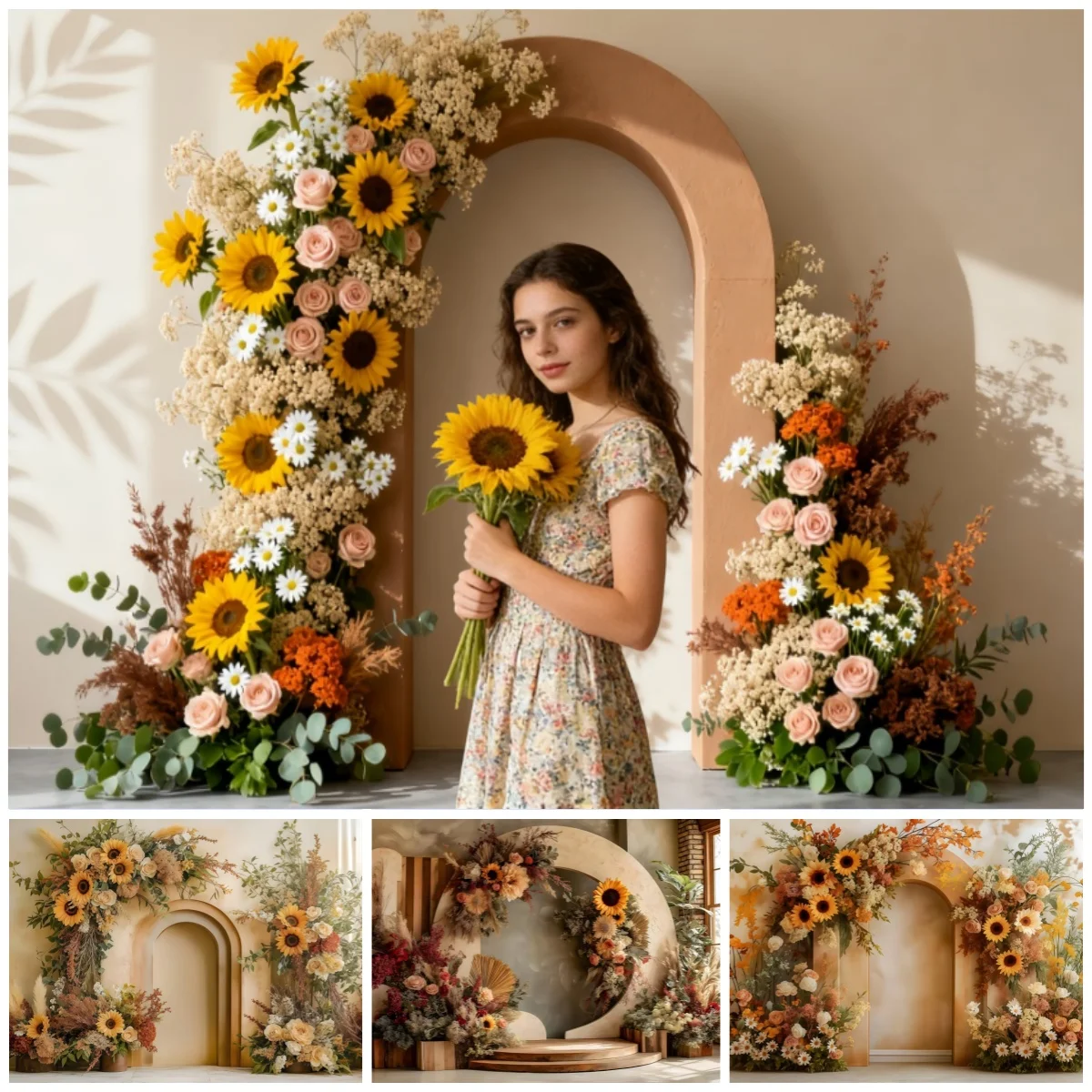 

Винтажный фон для фотосъемки с цветочной аркой, подсолнух, роза, ромашка, украшение на день рождения, свадьбу, вечеринку, детский портретный фон для взрослых