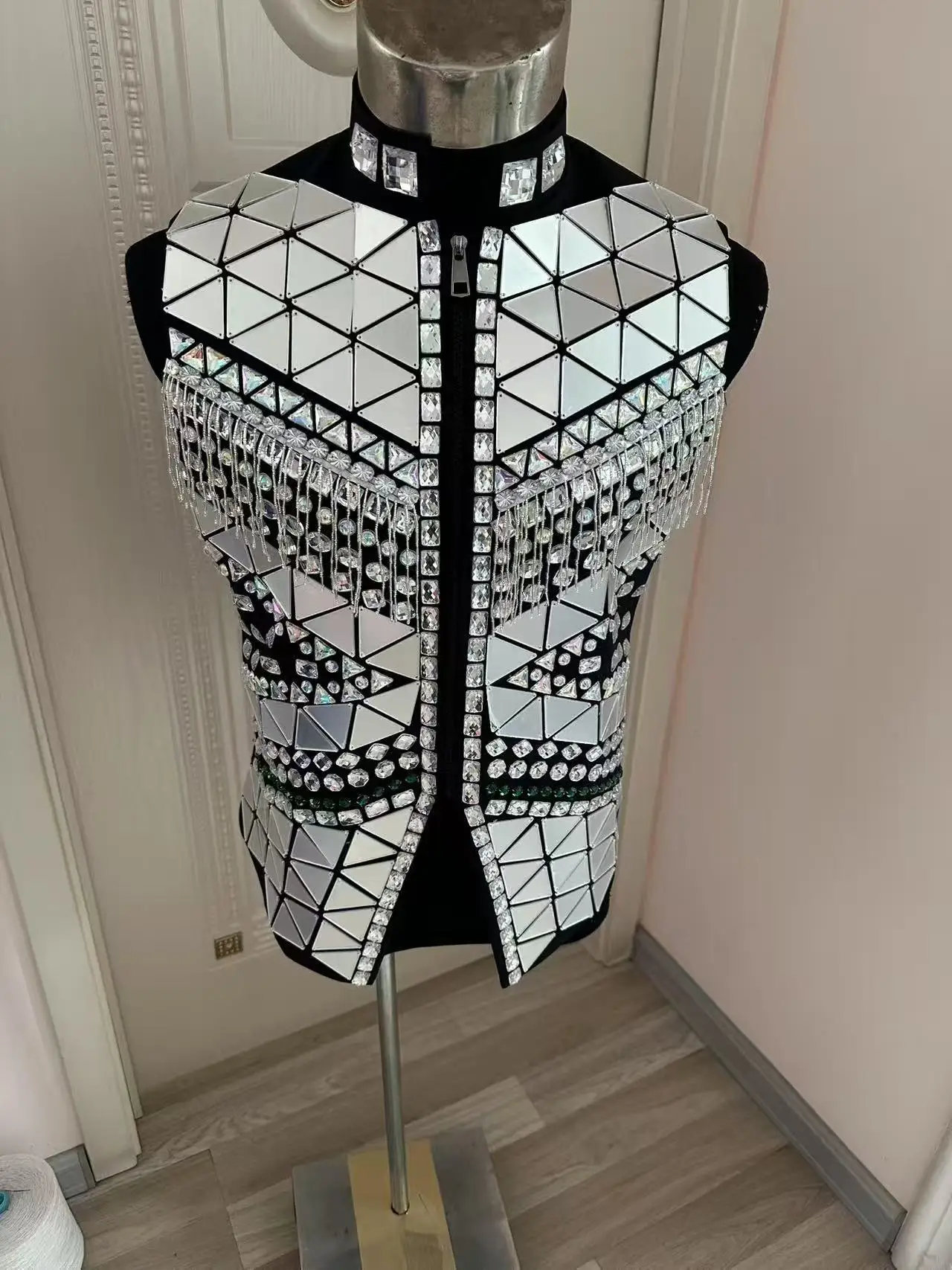 Hand Naaien Man Cool Kwastje Spiegel Lens Vest Zanger Danser Show DJ Vest Bar Club Party Prestaties Jas