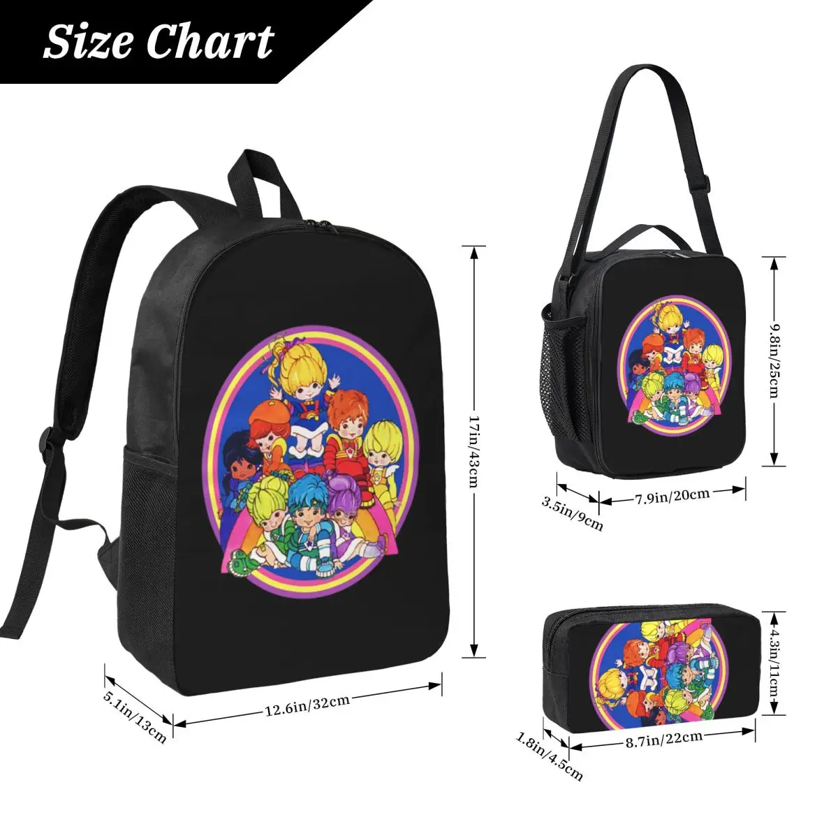 Rainbow Brite And Friend Backpack Student Boy Girl BookBag School Bag Computer Shoulder Bags 3ps Insulated Lunch Bag Pencil Case