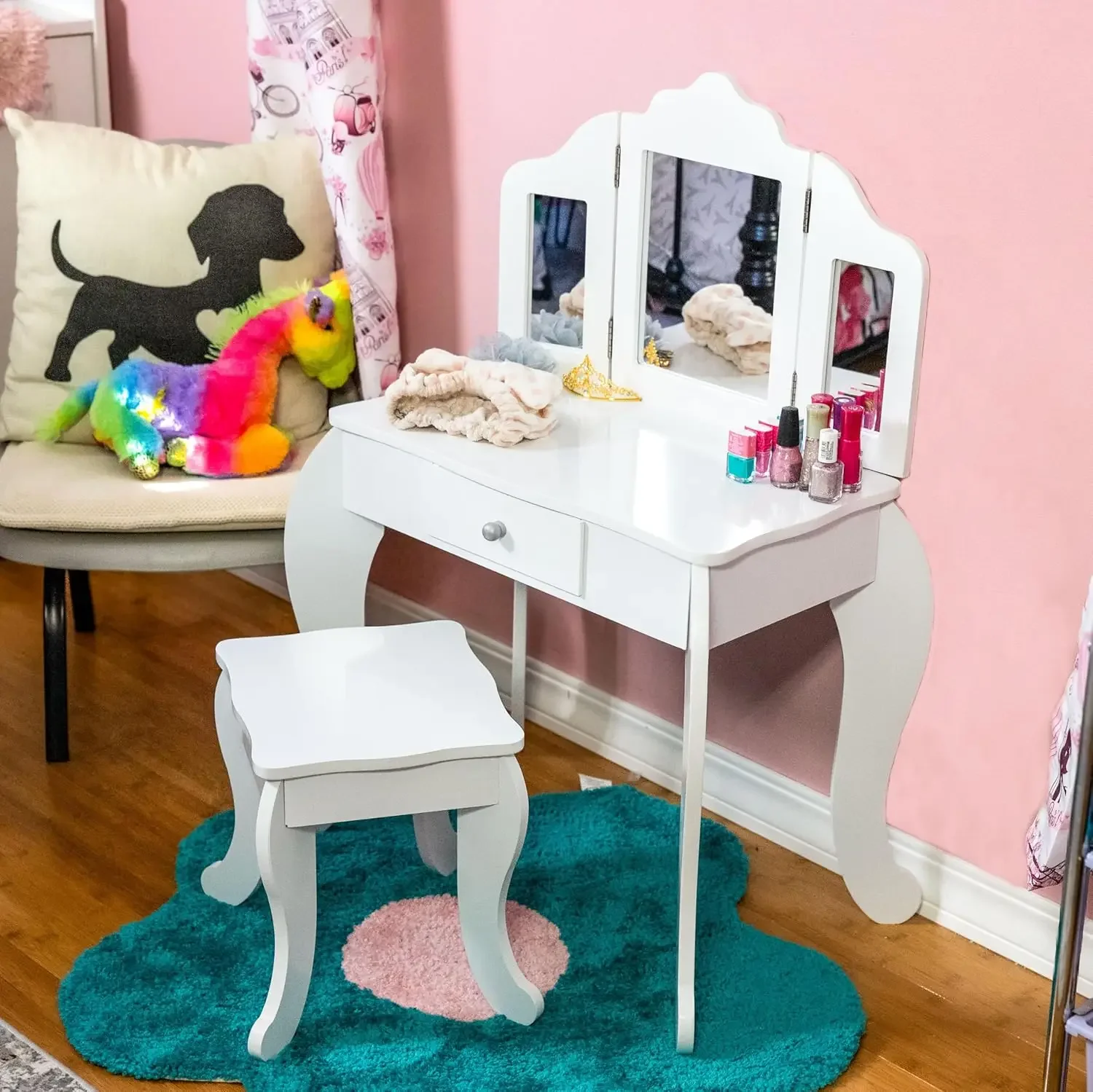 Beauty Bliss Wooden Pretend Play Vanity Set for Little Girls - Kids' Vanity Desk with Mirror, Drawer, and Stool - White