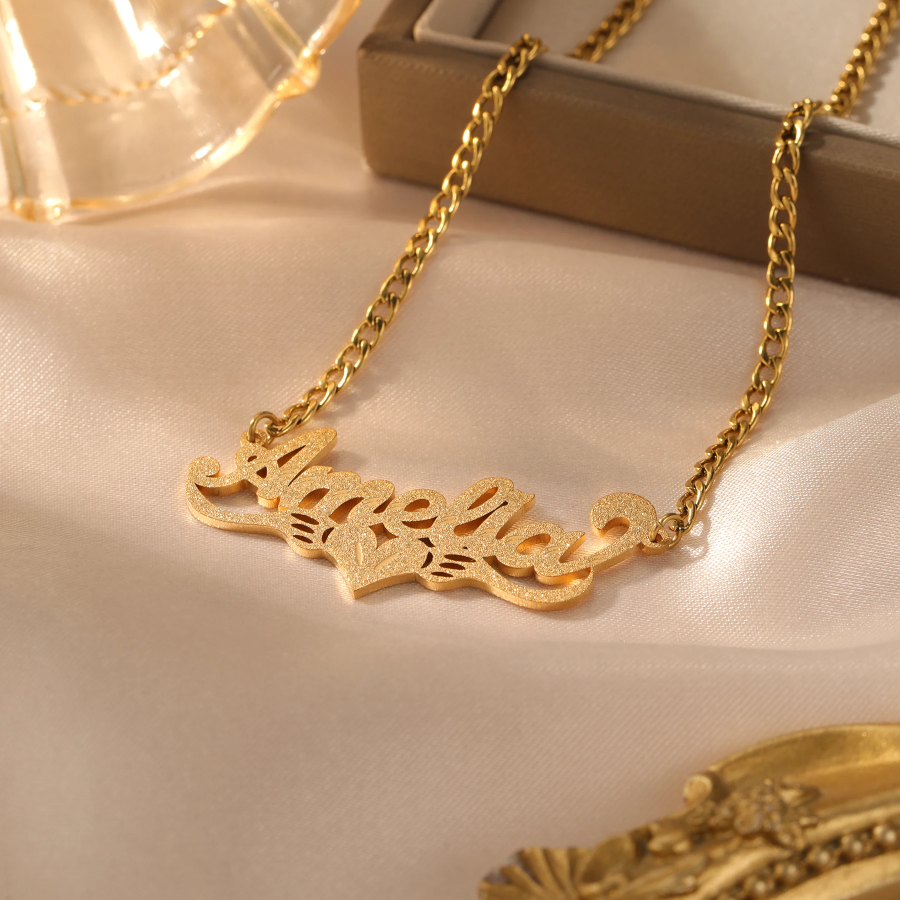 Custom Cursive Name Necklace Personalized Script Nameplate Pendant Gold Plated Stainless Steel Sandblasted Finish Gift for Women