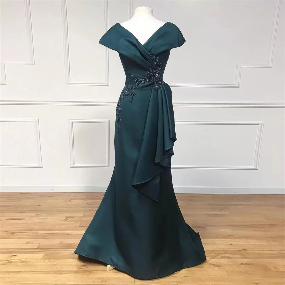 Green Elegant Prom Satin Appliques Beading Pleat Middle East Arab Formal Evening Gowns robes de soirée vestidos de noche