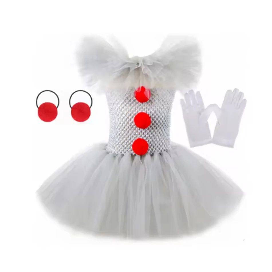 Halloween Gray Joker Girls Costume Tutu Dress Creepy Clown Kids Carnival Party Cosplay Clothing Children Tulle Fancy Dress