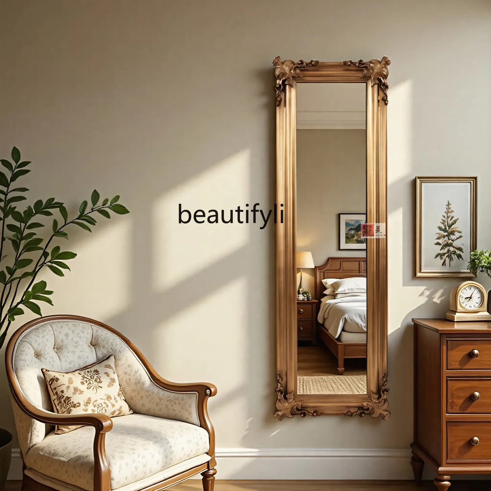 

A16 European full-body full-length mirror, narrow hand-carved retro floor mirror, American home fitting mirror